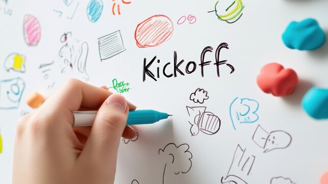 writing kickoff on whiteboard with doodles