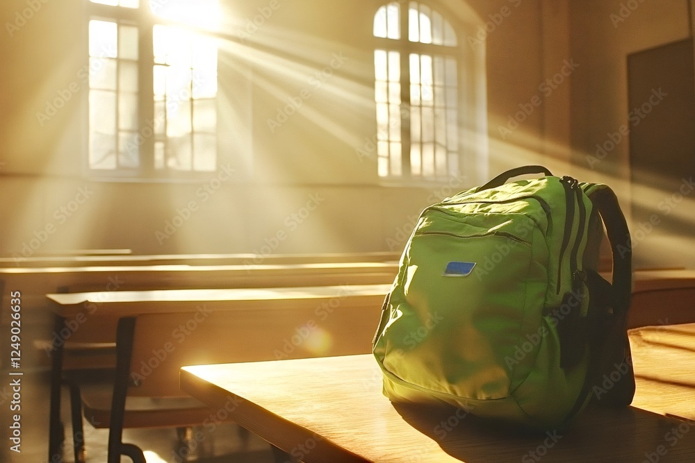 Poster sunlight pours through large classroom windows, casting warm rays on an empty desk with a vibrant gr