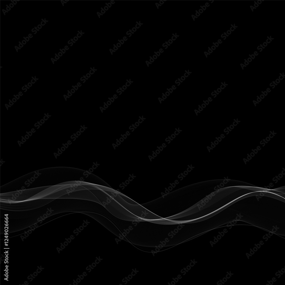 Poster white smoky abstract wave on a black background. vector design element.