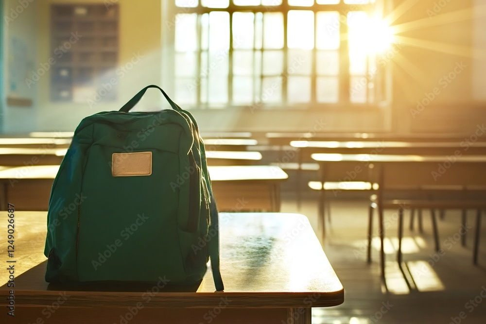 Poster backpack rests on a wooden desk in an empty classroom, illuminated by warm sunlight streaming throug