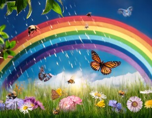 Naklejka premium Generated image A whimsical scene of a meadow with bees, butterflies, and a vibrant rainbow after a spring