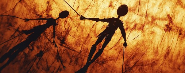Panoramic scene of dark human silhouettes that resemble shadow puppets or dancers, projected against a warm backlit background, creating a dramatic contrast, mystery, and theatrical movement.