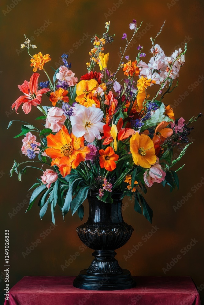 Poster a vase filled with a colorful bouquet of flowers sits on a red table. the flowers are arranged in a 