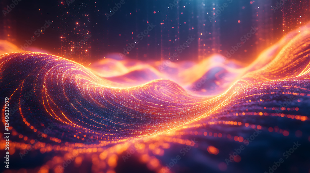 Poster vibrant and surreal landscape of glowing waves, representing flow of energy and light in digital rea