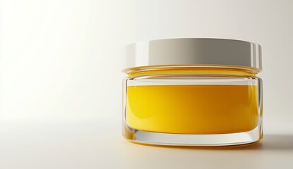 Yellow Cream in Transparent Jar with Silver Lid on Light Background