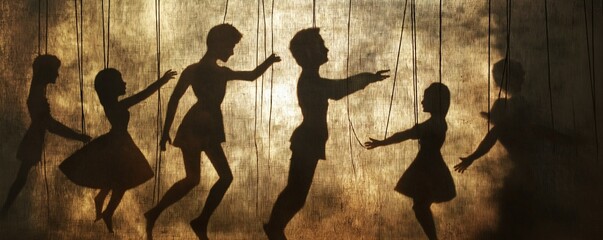 Panoramic scene of dark human silhouettes resembling shadow puppets or dancers projected on a warm amber backlit backdrop, creating dramatic contrast, mystery, and theatrical movement.
