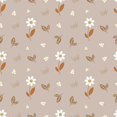 Seamless pattern with brown flowers on beige background