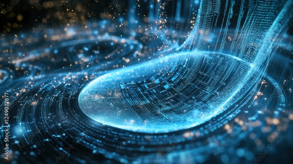 Poster dynamic visualization of digital data streams flowing in a futuristic, abstract design. blue and whi