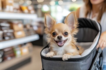 In a pet stroller, a lively Chihuahua eagerly watches its surroundings, embodying the spirit of adventure and happiness, set within a contemporary store filled with products.