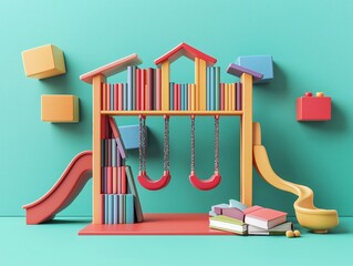 Illustration of a colorful playground shaped like books with slides and swings, representing imagination, education, childhood creativity, learning through play, and joyful design.