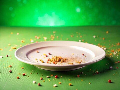Empty Plate Crumbs Green Background - End of Celebration Stock Photo