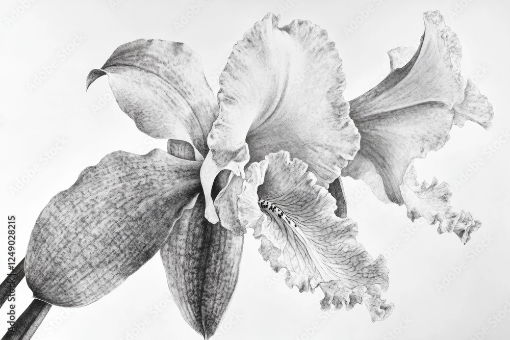 Poster a drawing of a flower with a black and white color scheme. the flower is a lily and it is the main f