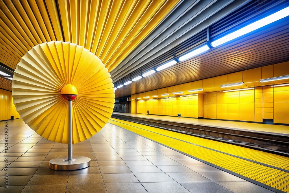 Poster empty stage platform with yellow abstract fan background - 3d render stock photo