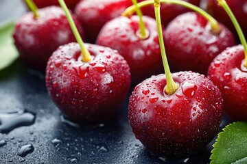 A cluster of bright red cherries on a dark table, ready to eat and enjoy. Fresh and juicy fruit.