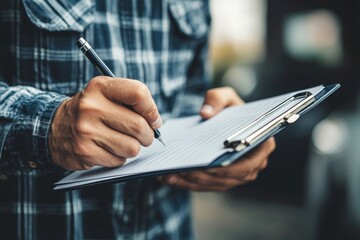 Close-up of a man's hands filling out paperwork on a clipboard, emphasizing diligence and focus. The pen glides across the page, capturing a moment of careful attention to detail.