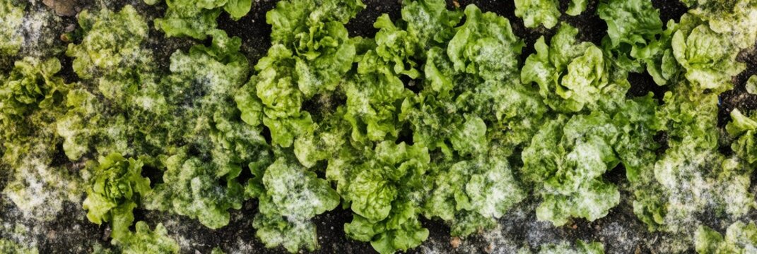Aerial view of lettuce plants affected by powdery mildew disease in garden