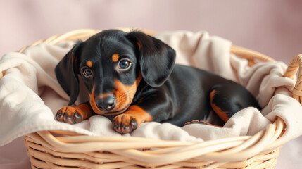 Adorable Black and Tan Dachshund Puppy Resting Peacefully in Cozy Wicker Basket