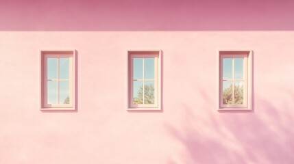 Fototapeta premium Pink wall, three windows, trees, sunlight, minimalist design, home exterior