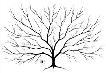 Monochrome illustration of a tree's branching structure, showcasing intricate patterns of its branches and roots. A small spiderweb like object is