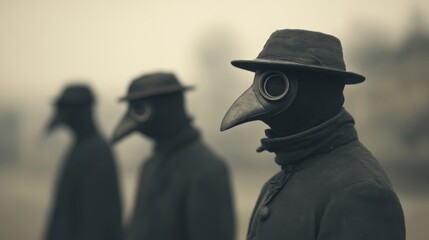 Plague doctors in foggy city, historical setting