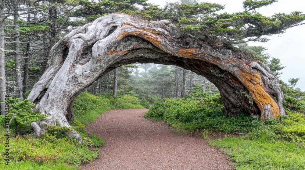 Poster a weathered tree trunk forms a natural archway over a forest path, leading into a misty landscape. s