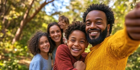 Man and children enjoying time together in a park, smiling at the camera.
