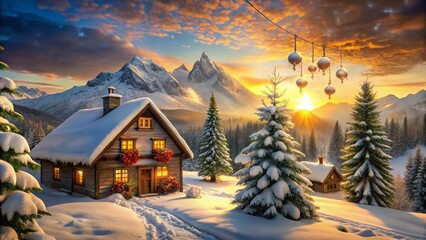 Fototapeta premium Festive Christmas Advent Calendar Landscape Photography: Snowy Mountain Village