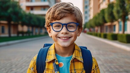 Happy smiling kid in glasses is going to school for the first time. Child boy with bag go to elementary school. Child of primary school. Pupil go study with backpack. Back to school