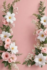 Elegant floral design with white and pink flowers on blush pink backdrop, harmony, texture, tender, romance, backdrop