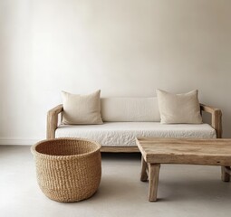 Cozy Minimalist Living Room with Natural Textures and Soft Tones