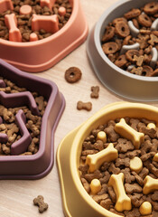 Fototapeta premium Different shapes of slow feeder bowls with dry food for dogs on wooden surface