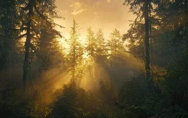 Fototapeta premium Misty forest at sunrise with golden light filtering through the trees, cinematic color grading