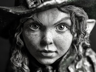 Creative portrait of a young girl dressed as a pirate. Her face is stylized and she has an expression that suggests surprise or shock.