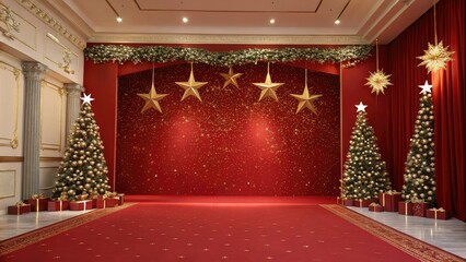 Elegant red background with golden glitter and stars in a luxurious festive room, luxurious look, interior,
