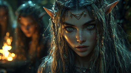 there are two women with horns and hair are standing in front of a fire