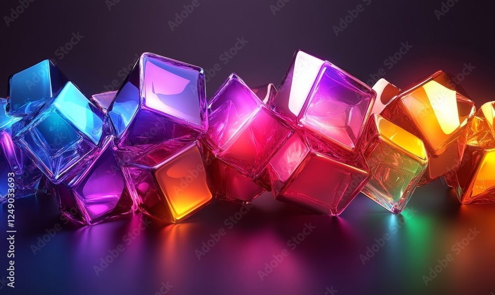Poster an abstract composition of vibrant, glowing cubes in various colors, illuminated against a dark back