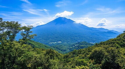 Fototapeta premium Mountain vista, valley view, summer sky, lush forest, travel poster