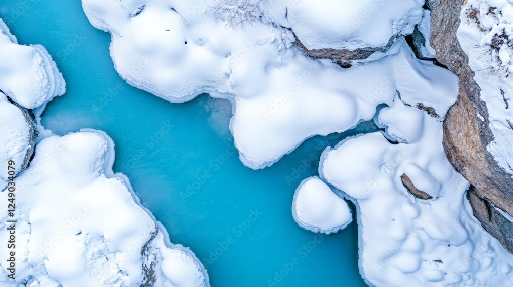 Poster aerial view of a turquoise river winding its way through a snow covered landscape, creating a stunni