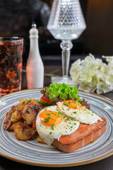 food, baked meatloaf with fried eggs and roast potatoes