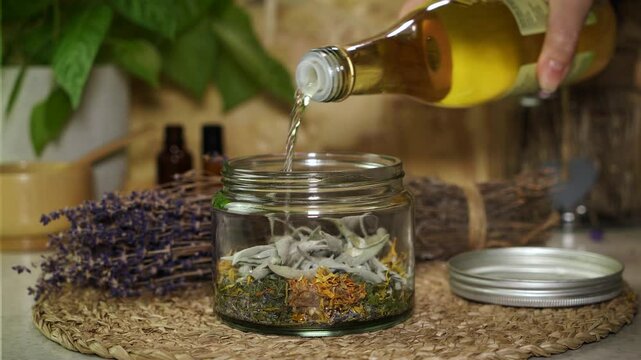 Pouring apple cider vinegar over dried herbs in a transparent glass jar on a wooden beige background, surrounded by lavender flowers and essential oil bottles. DIY herbal infused vinegar preparation.