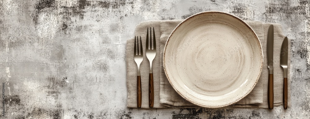 Poster elegant top view of minimalist table setting featuring beige plate and silver cutlery on a rustic ta