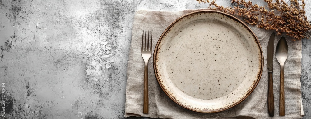 Aufkleber elegant top view of a minimalist table setting featuring a beige plate and silver fork on a textured