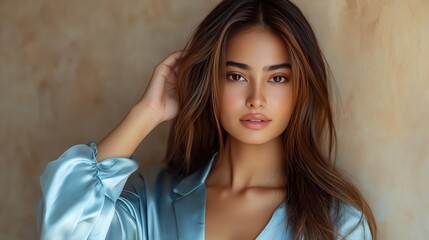 Fototapeta premium Soft light highlights beauty in a serene indoor portrait of a model