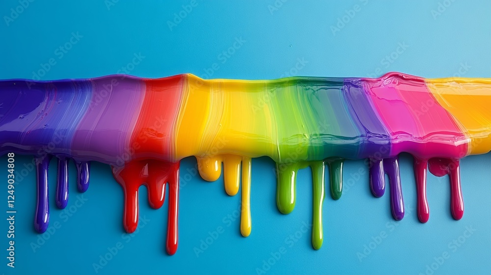 Poster a colorful rainbow of paint dripping down a blue background. the paint is vibrant and glossy, creati