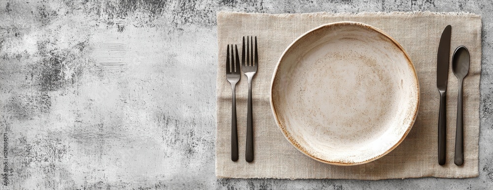 Poster elegant top view of a simple table setting featuring a beige plate and cutlery on a soft linen napki