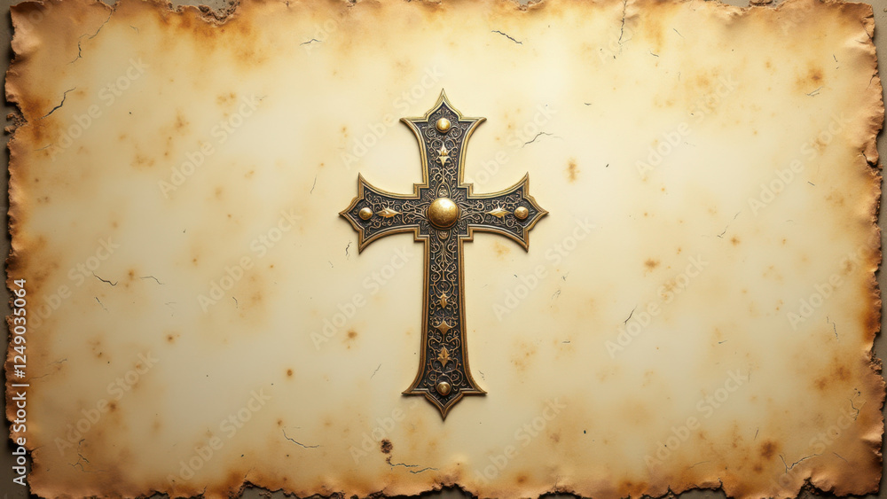 Poster old parchment scroll with a detailed christian cross symbol.