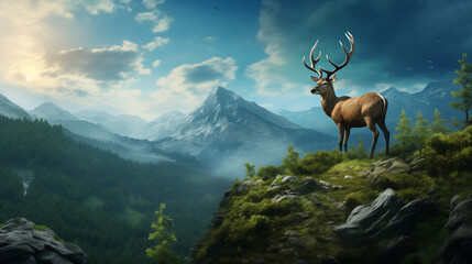 Majestic deer standing in a lush green mountain meadow under a clear blue sky. Scenic landscape with rolling hills, pine forests, and distant snowy peaks.