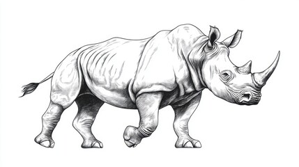 Obraz premium Detailed Black and White Illustration of a Walking Rhinoceros