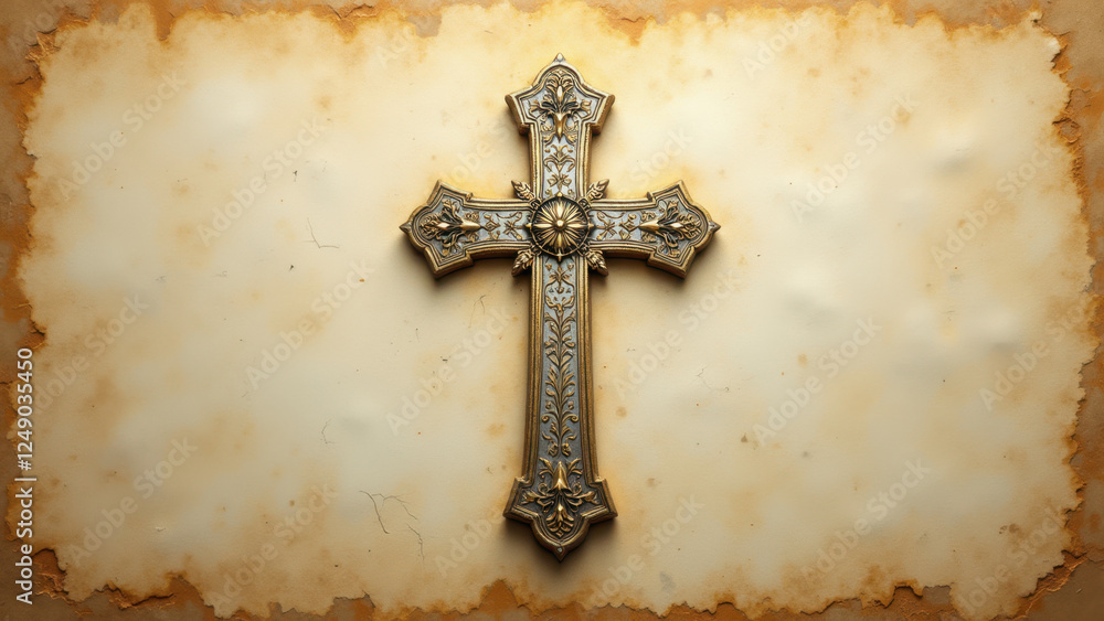 Poster a cross prominently displayed on a weathered parchment scroll against a textured background, evoking