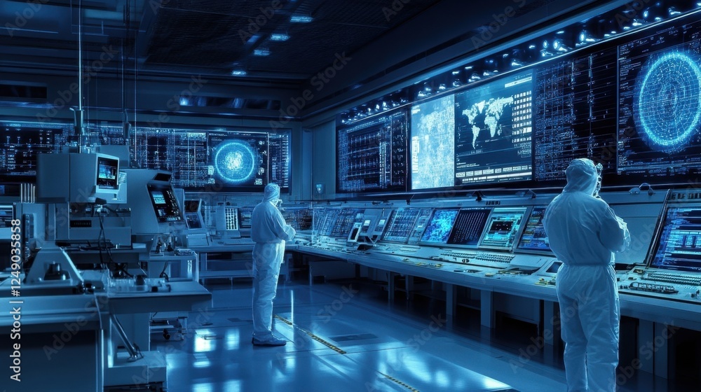 Poster scientists in a high tech control room monitor data on large screens. the environment is filled with